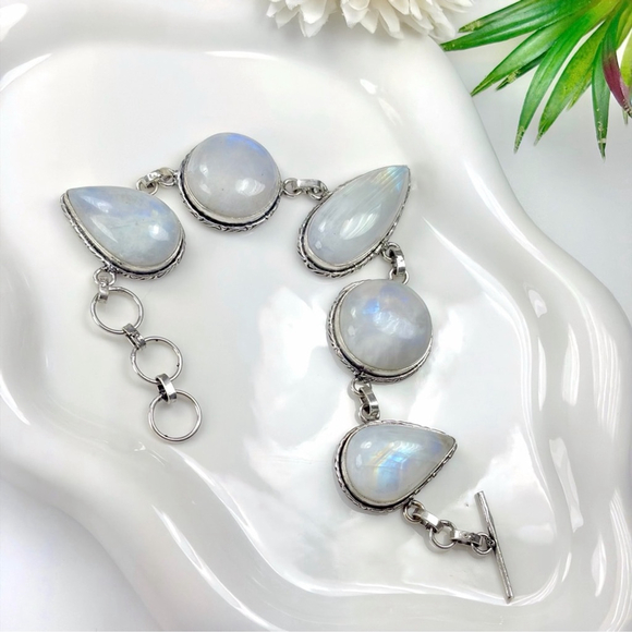 Rainbow Moonstone Extra Chunky Bracelet Pear Round Sterling Silver 925 Overlay - Picture 9 of 11